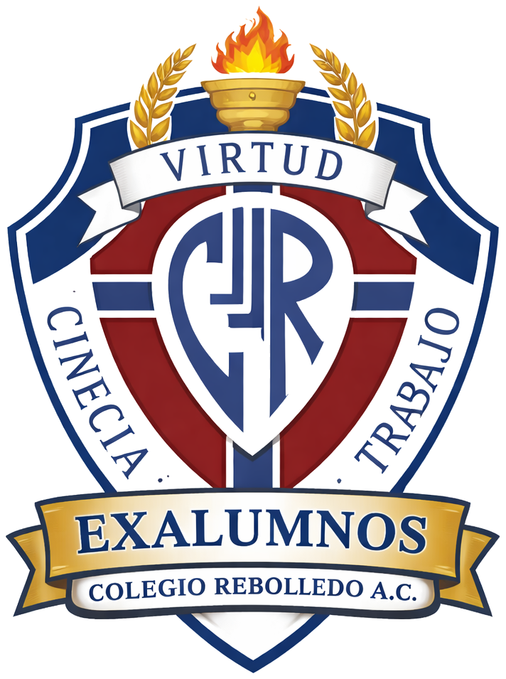 Escudo de la Asociación de Exalumnos del Colegio Rebolledo A.C.: antorcha, laureles y los lemas Virtud, Ciencia y Trabajo